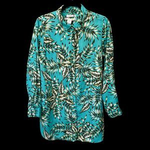 C & C CALIFORNIA Womens M 100% Linen Turquoise Button Up Shirt Tropical Leaves